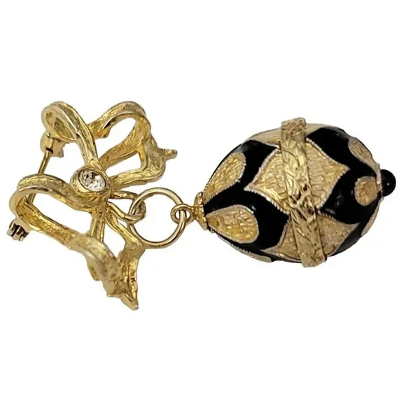 Sterling Silver Gold Vermeil Bow Bar Faberge Style Egg Charm Dangle Pin Brooch
